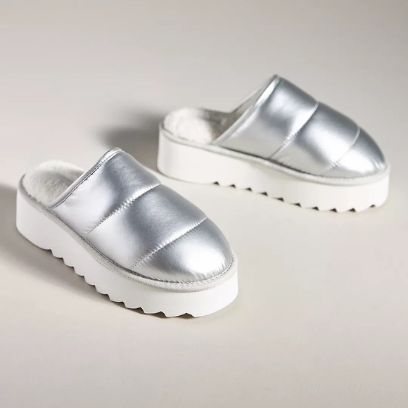 Anthropologie NEW Maeve Puffy Platform Slipper Shoes Silver Size Large US 10/11 - Picture 1 of 12